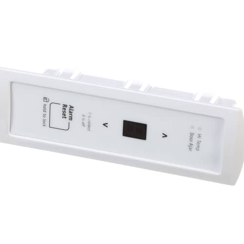 Front view of Electrolux 297370600 electronic control panel in white, featuring digital temperature display and alarm reset buttons.