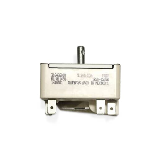 Backside view of the Electrolux 316436000 Range Surface Element Control Switch, highlighting the mounting and electrical connectors.