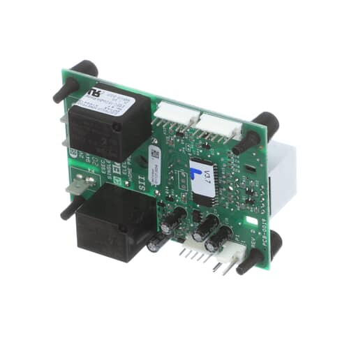 Angled view of the 316441804 burner control board with mounting posts and connectors.