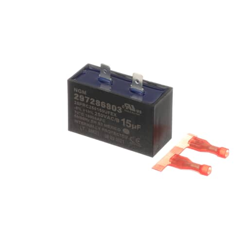 Angled view of Electrolux 5304464438 run capacitor rated 15 microfarads at 220VAC for refrigerator compressor.