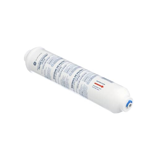 The white cylindrical GE in-line water filter lying on a white surface, showing one end with a blue quick-connect fitting.