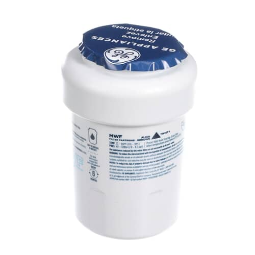 The retail packaging for the filter, highlighting the "REDUCES THE MOST CONTAMINANTS" claim and the GE Appliances logo on the blue cap.