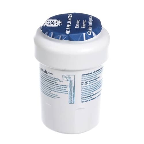 A close-up of the filter label showing the number '1' seal, certified brands (Whirlpool, Maytag, etc.), and installation instructions against a white background.