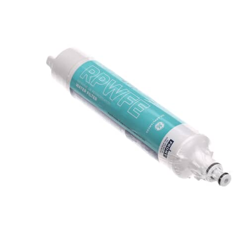 The white GE RPWFE water filter cartridge shown at an angle against a white background, showing the blue filter label and insertion tip.