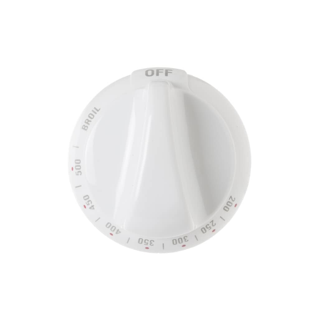 GE WB03K10036 Knob-Control (White), a genuine OEM control knob for GE ranges and cooktops, featuring a smooth glossy white finish and ergonomic design.