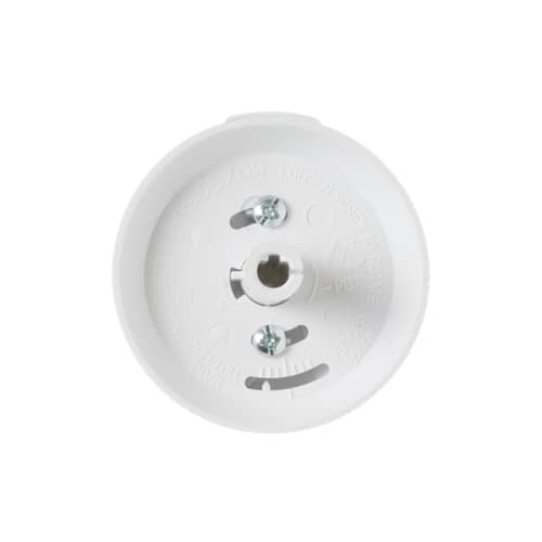 Bottom view of the GE WB03K10036 Knob-Control (White), showing secure mounting holes and durable internal fittings for precise control adjustment.