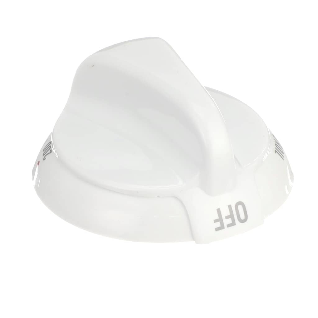 Top view of the GE WB03K10036 Knob-Control (White), displaying clear temperature markings and a durable plastic construction for long-term use.