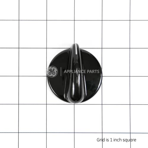 Front view of the GE WB03T10025 black infinite control knob for electric ranges.
