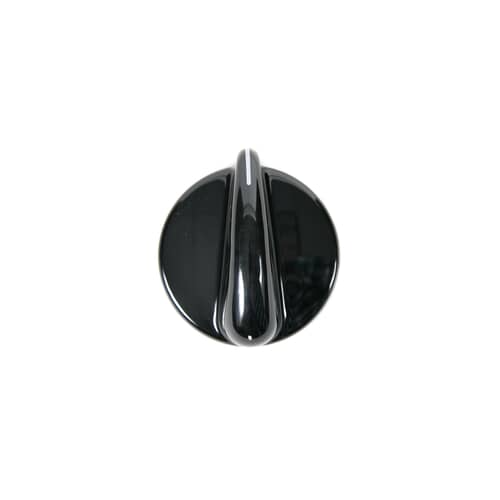 Overhead view of the black plastic GE WB03T10025 surface burner control knob.