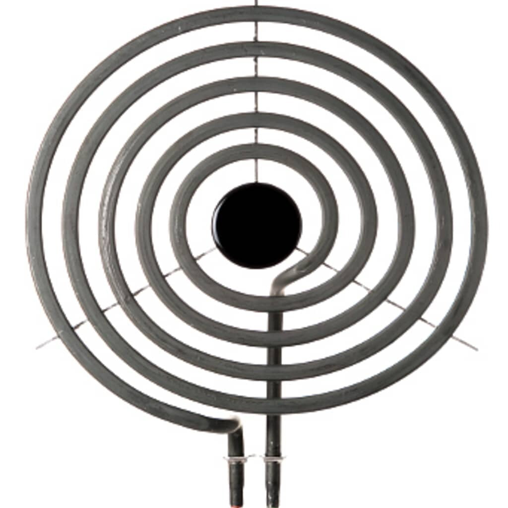 Angled view of GE WB03T10167 8-inch surface element showing coiled design and terminal ends.
