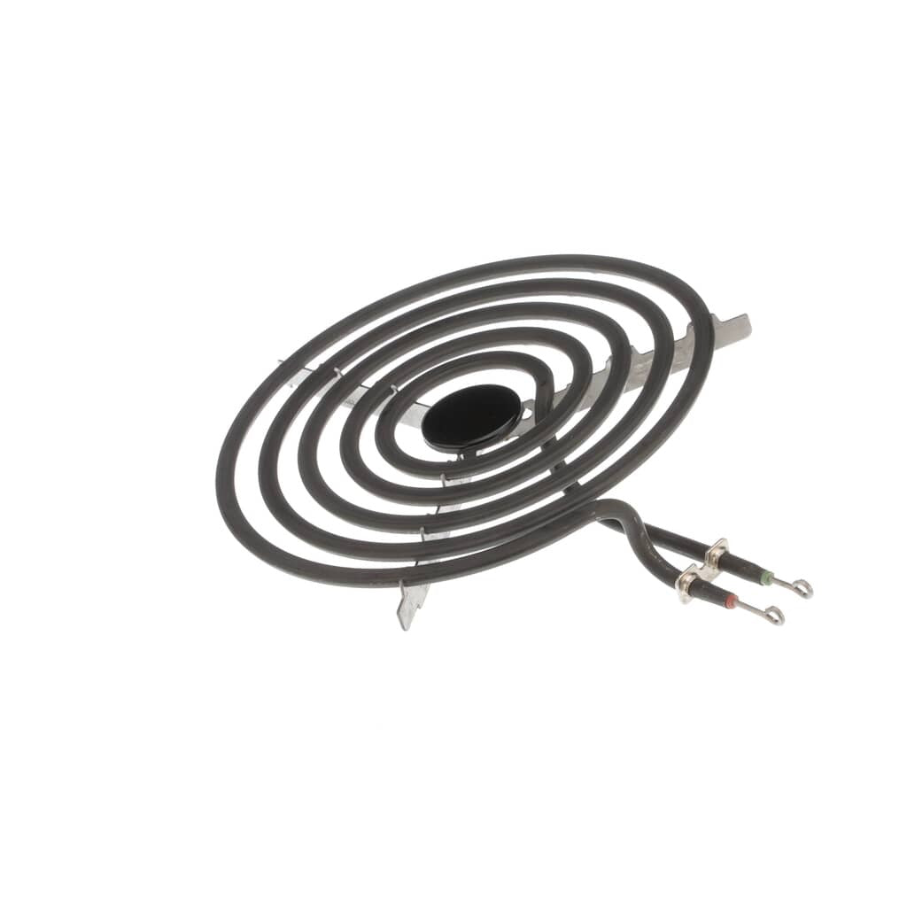 Side view of GE WB03T10167 8-inch coil surface element with mounting brackets and dual terminal ends.