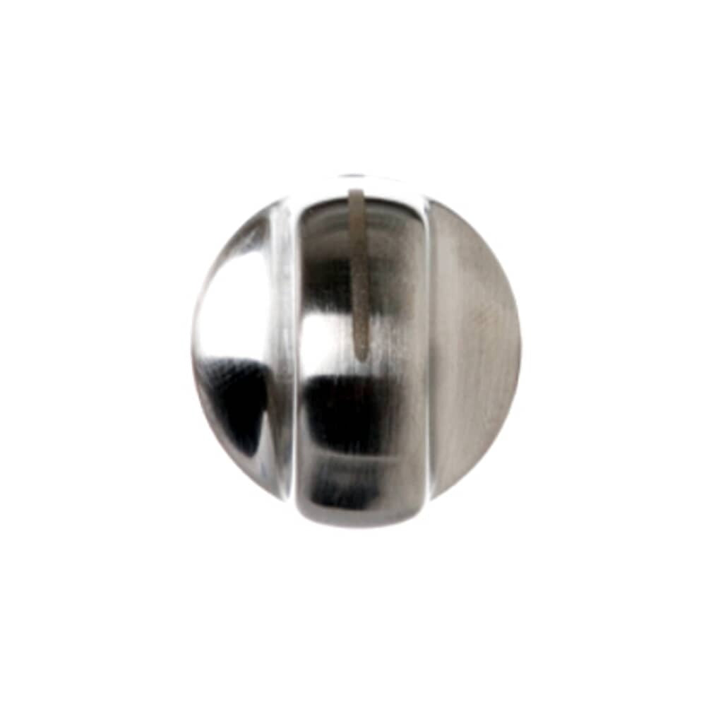 Front view of the GE WB03T10272 selector knob with metallic, stainless steel-look finish.