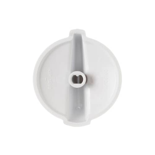 Angled view of the OEM white GE WB03T10282 electric cooktop control knob.
