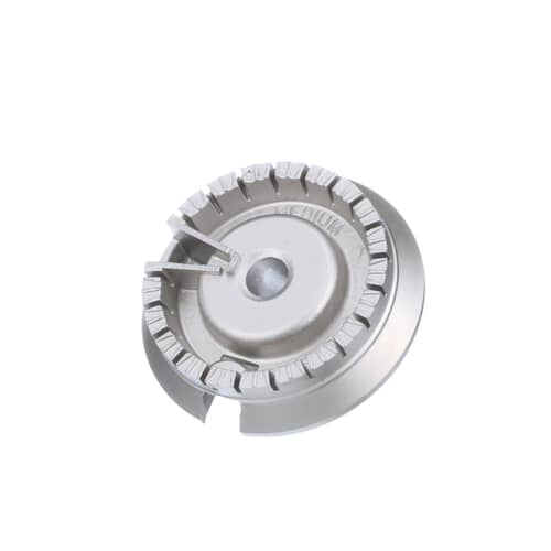 Angled view of the GE WB16K10055 9500 BTU gas cooktop burner head base replacement part.