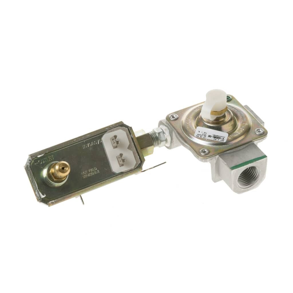 Rear view of the GE WB19K10044 valve assembly, showing the electrical solenoid terminals (Robertshaw 222D3008P001).