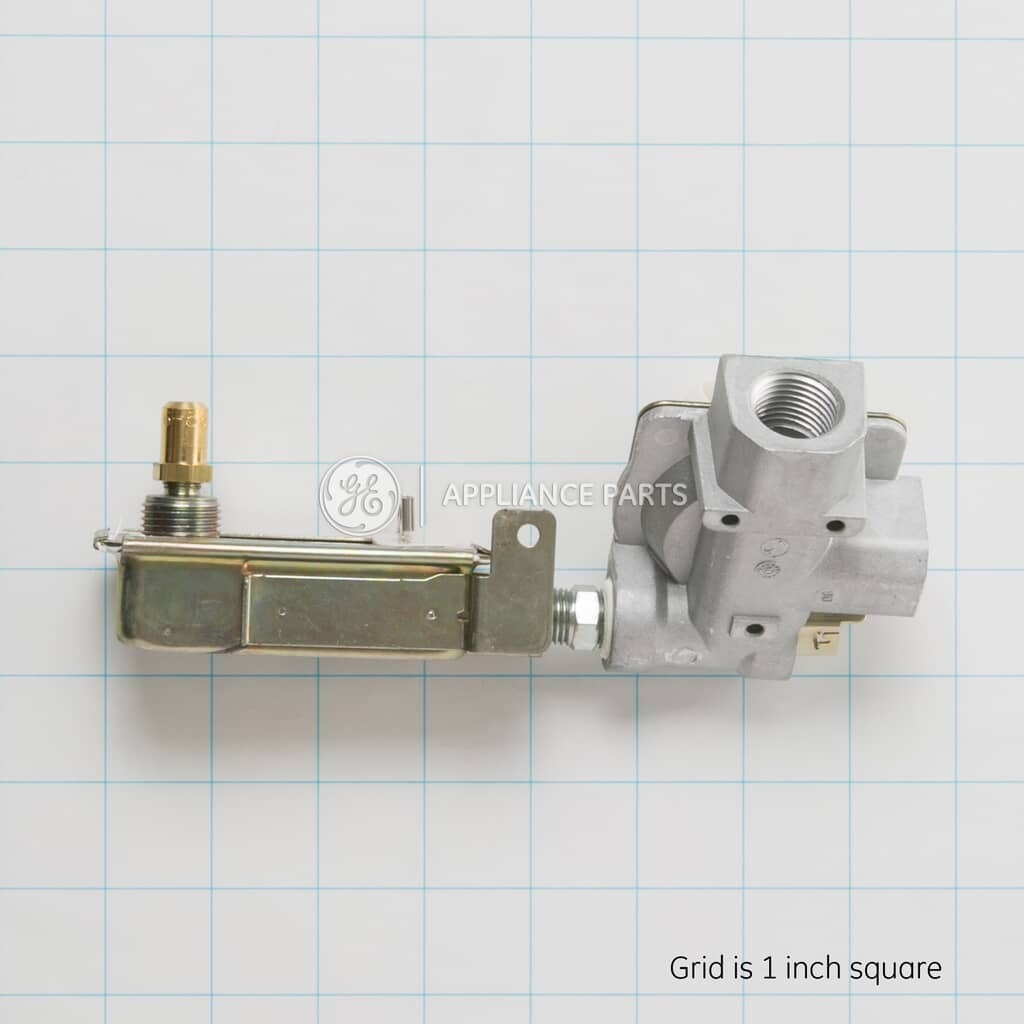 Front view of the GE WB19K10044 gas oven safety valve and pressure regulator assembly.