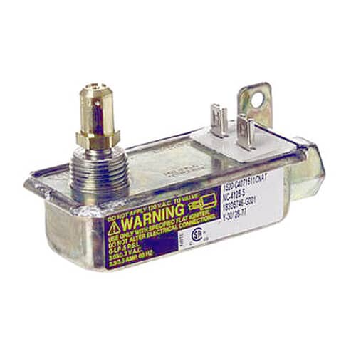 Angled view of the GE WB19K31 oven gas safety valve solenoid assembly.