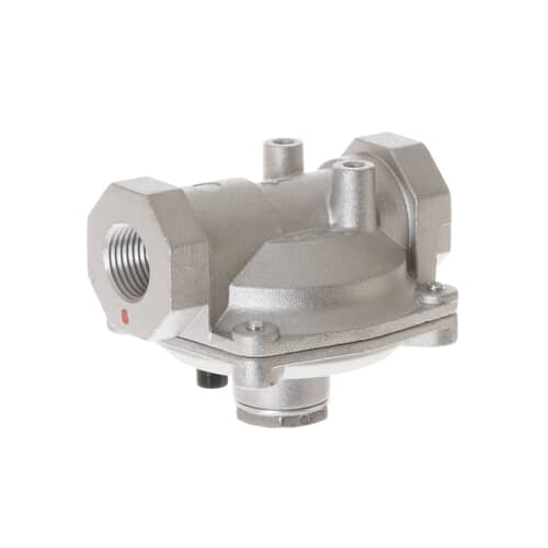 Angled view of the GE WB19T10078 gas regulator showing inlet and outlet threading.