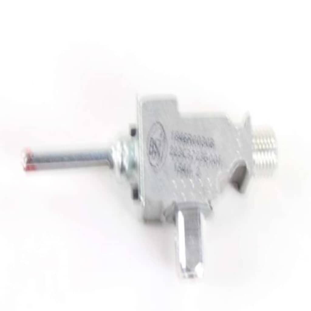 Angled view of GE WB21K12 Gas Burner Control Valve showing metal body and threaded inlet for gas connection.
