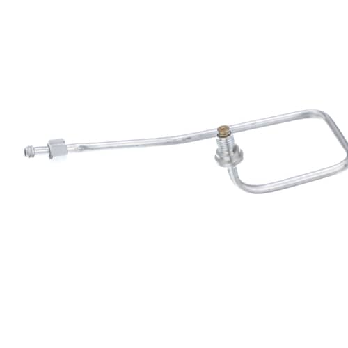 Side view of the metal GE WB28K10190 burner orifice holder tube for a gas cooktop.