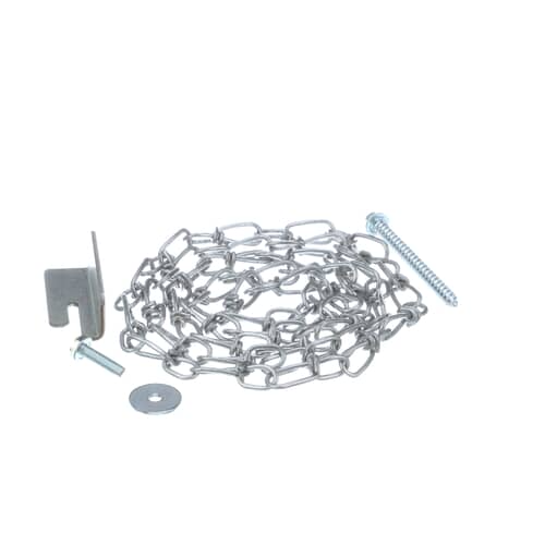 GE WB2X7909 Anti-Tip Kit showing the metal chain, wall bracket, and mounting screws.