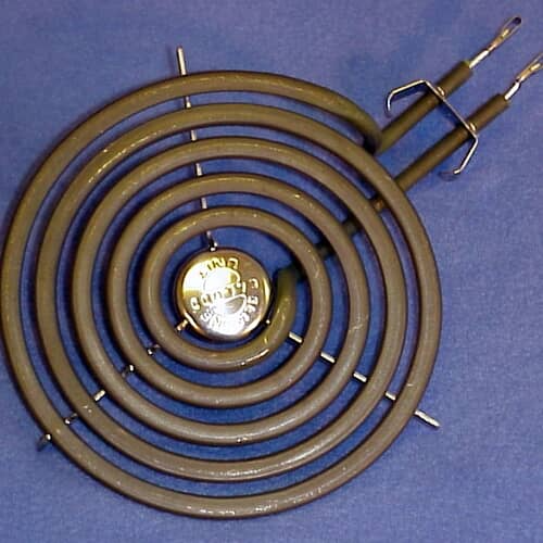 Top view of the black GE WB30X218 coil burner element with the central retention cap. 