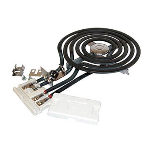 Full view of the GE WB30X342 6-inch coil surface element kit with terminal block and trim ring.