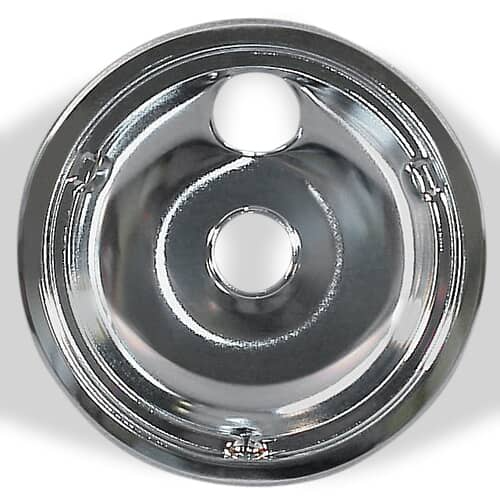 Angled view of the GE WB31K5025 8-inch chrome burner drip bowl.