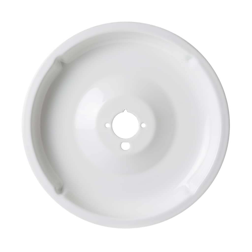 Angled view of GE WB31K5092 Gas Burner Bowl Large in white porcelain finish showing mounting hole alignment and rim contour.