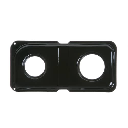 Front view of the GE WB34K10009 black double drip pan for the right side of a gas range.