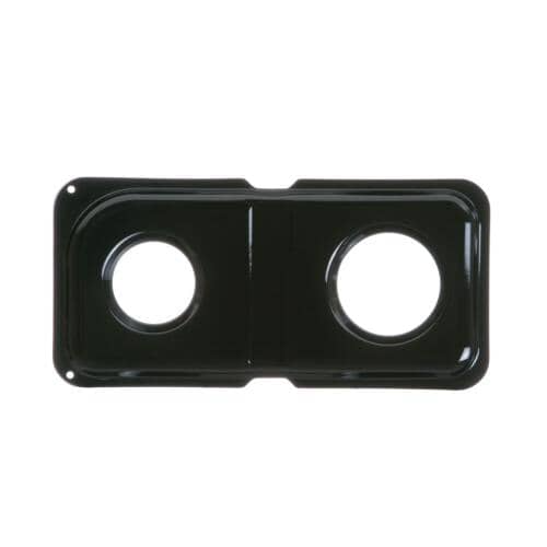 Top-down view of the black porcelain WB34K10009 double drip pan, showing the two burner openings.