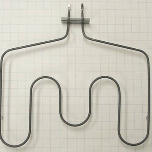 Close-up view of the five-loop "M" shaped GE WB44T10018 bake element on a grid background.