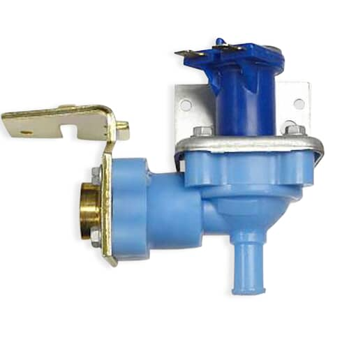 Angled view of the GE WD15X93 dishwasher water inlet valve showing the brass threaded inlet and blue solenoid.