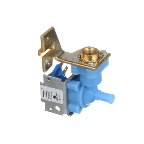 Side view of the light blue and metal GE WD15X93 water inlet valve assembly.