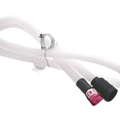 Image showing the GE WD24X10045 drain hose assembly with clamp and black end fittings.