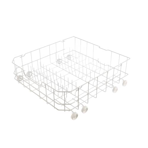 Top-down view of the dishwasher lower rack showing the wire grid structure.