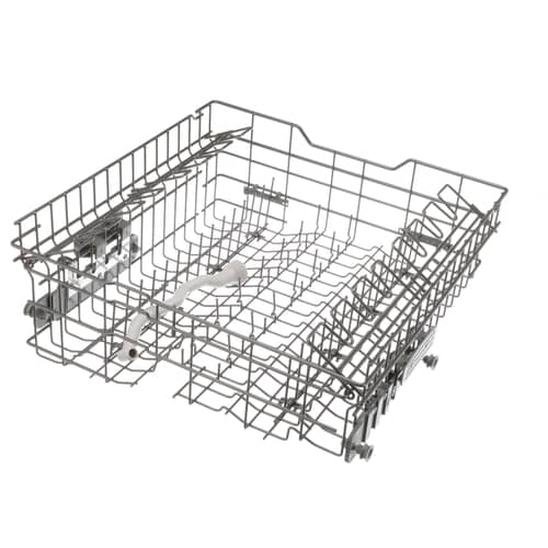 Detailed view of the GE upper dishwasher rack assembly, showing the tine layout and plastic cutlery holder components.