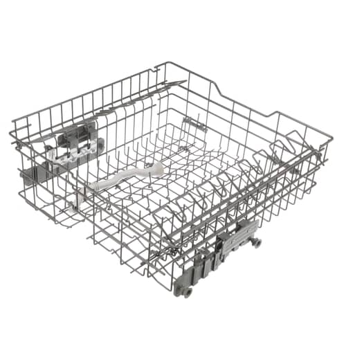 Side view of the GE upper dishwasher rack, highlighting the side rail and roller mounting points.