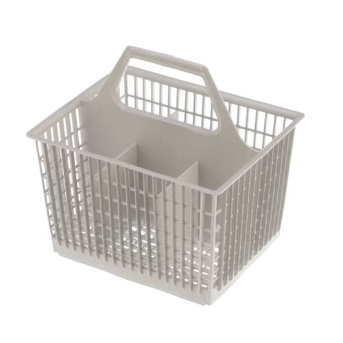 Angled view of the GE WD28X265 silverware basket showing internal dividers and handle