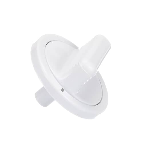 A white GE timer indicator knob shown at an angle on a white grid background, highlighting the central mounting hole and control tab.