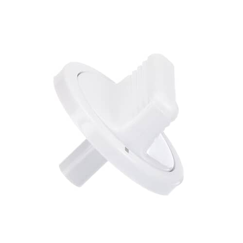 A side perspective view of the white knob, clearly showing the textured grip on the selector tab that sticks out for easy turning.