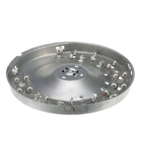 A three-quarter view of the heater housing, showing the cylindrical shape and the internal arrangement of the coiled heating element.