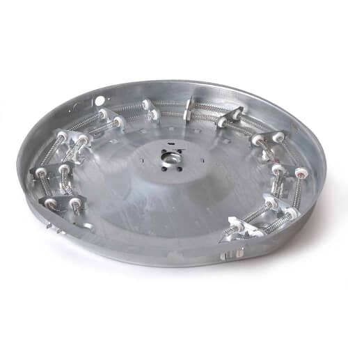 A metallic GE dryer heater housing assembly shown at a low angle on a white background, showing the coils supported by white ceramic posts.