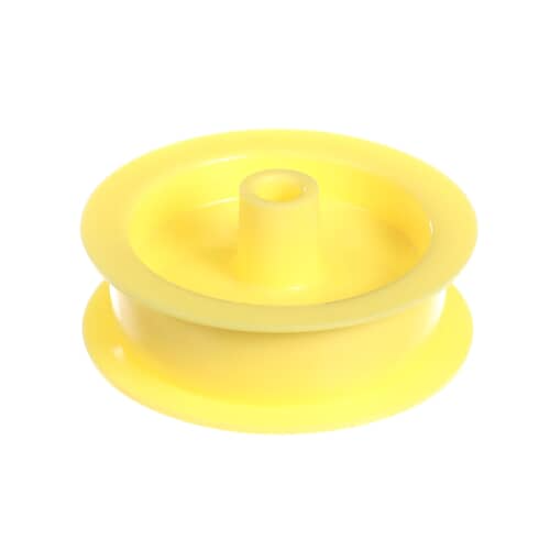 A side profile view of the yellow plastic idler pulley, showing the groove designed to accommodate the drive belt.