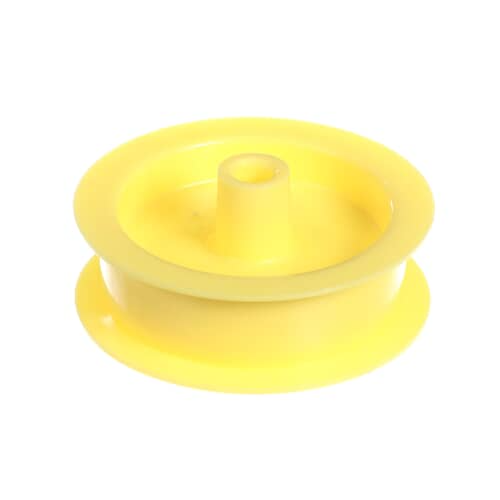 A bright yellow plastic dryer idler pulley with a central shaft opening, shown at an angle on a white background.