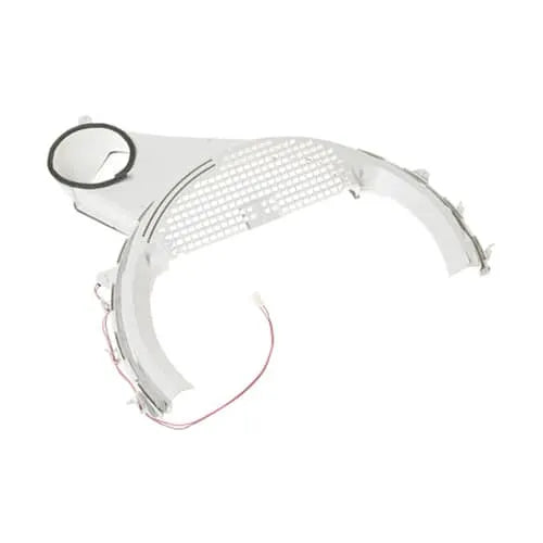 GE WE14M119 dryer duct trap assembly shown at an angle against a white background, featuring the curved housing and a circular outlet with a black ring.