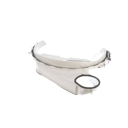 Front view of the white plastic duct trap assembly showing the large opening for the lint screen area.