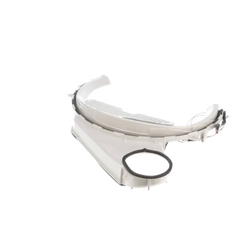 View of the GE duct trap showing the small red and white wires attached to a sensor or thermostat connection point on the rear edge.