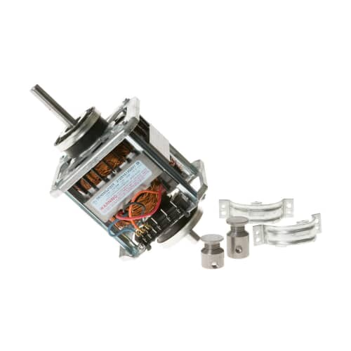 A GE dryer drive motor assembly shown at an angle next to a plastic bag containing mounting hardware (standoffs and clips) on a white background.