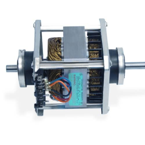 A direct side view of the motor housing showing the drive shaft protruding on the left and the electrical switch block on the right, against a white grid.